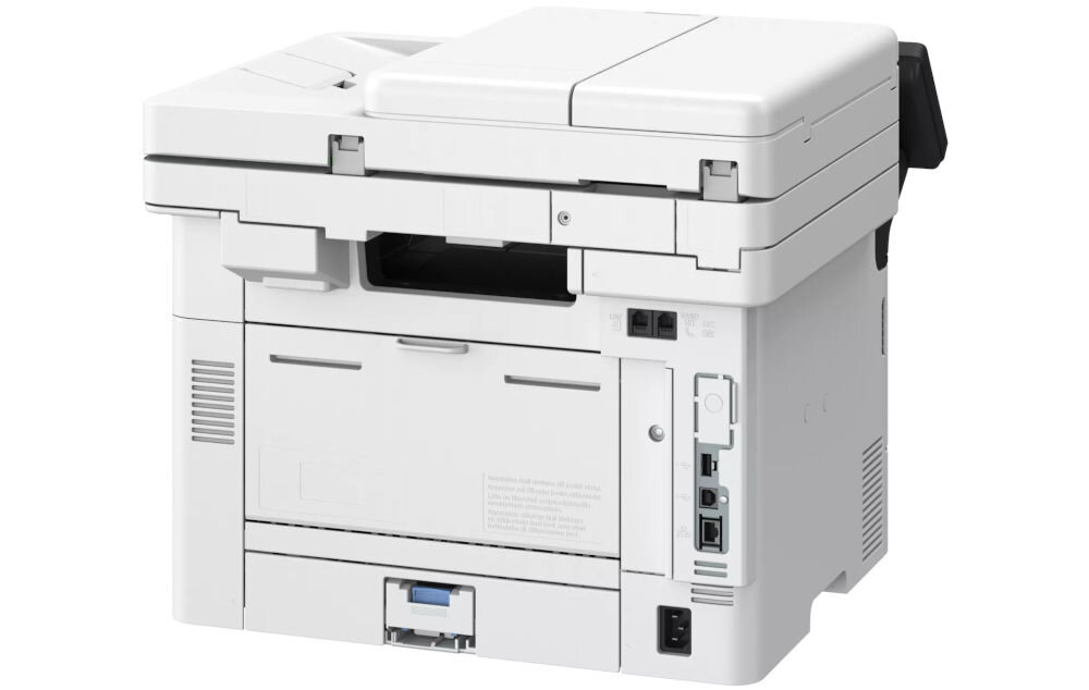 Urządzenie wielofunkcyjne CANON i-SENSYS MF465dw II, Automatyczny druk dwustronny, Wi-Fi Tylna część urządzenia, prezentująca dostępne złącza na białym tle wielkość, wymiary, podajnik, taca odbiorcza, porty, Wi-Fi
