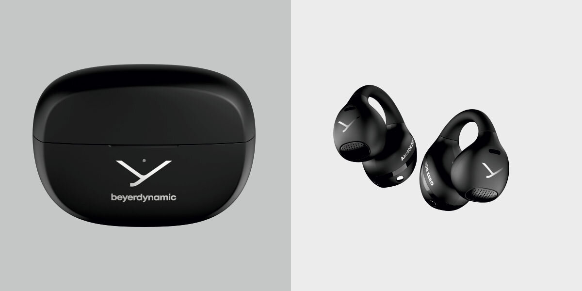Słuchawki powietrzne BEYERDYNAMIC Amiron Zero - Dźwięk, który towarzyszy, clip-on, Open-Ear, słuchawki z etui ładującym na jasnym tle