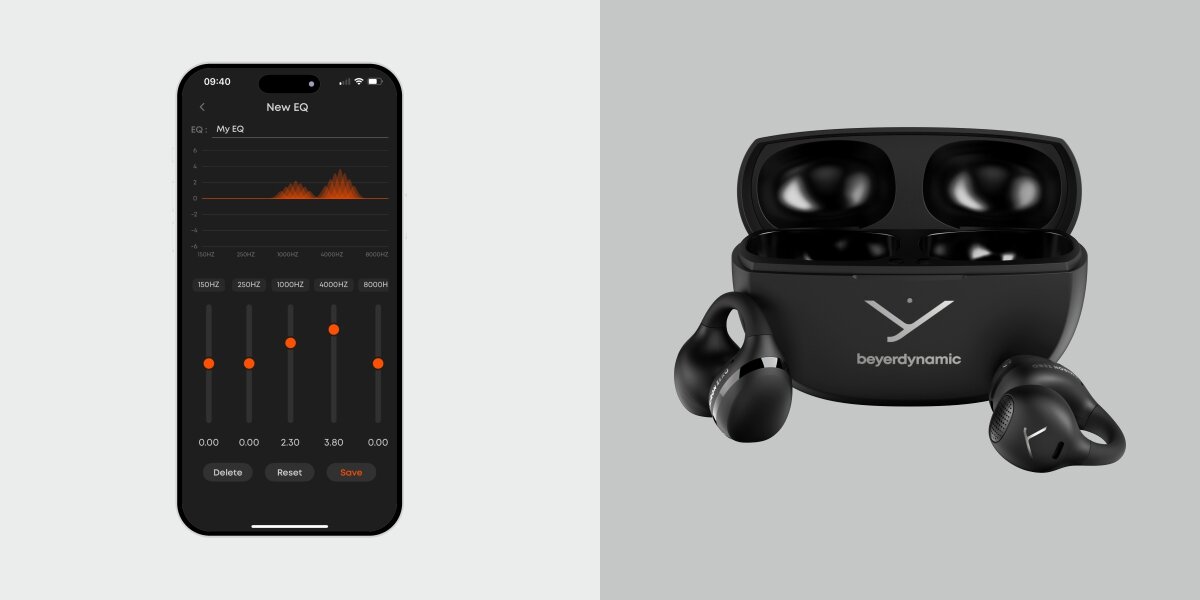 Słuchawki powietrzne BEYERDYNAMIC Amiron Zero - Dopasowany dźwięk, aplikacja, 5-pasmowy korektor EQ, monitorowanie poziomu baterii, słuchawki z etui ładującym oraz smartfonem na jasnym tle