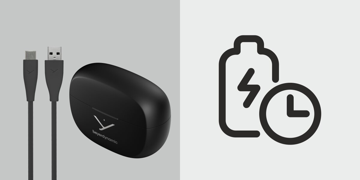 Słuchawki powietrzne BEYERDYNAMIC Amiron Zero - Długi czas działania, USB-C, IP54, etui ładujące z kablem USB na szarym tle