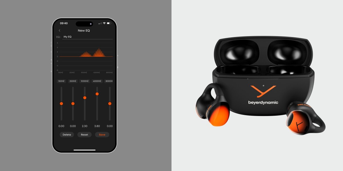 Słuchawki powietrzne BEYERDYNAMIC Amiron Zero - Dopasowany dźwięk, aplikacja, 5-pasmowy korektor EQ, monitorowanie poziomu baterii, słuchawki z etui ładującym oraz smartfonem na jasnym tle