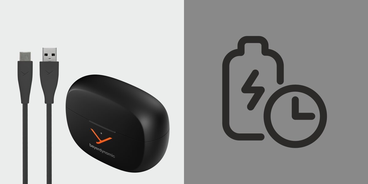 Słuchawki powietrzne BEYERDYNAMIC Amiron Zero - Długi czas działania, USB-C, IP54, etui ładujące z kablem USB na szarym tle