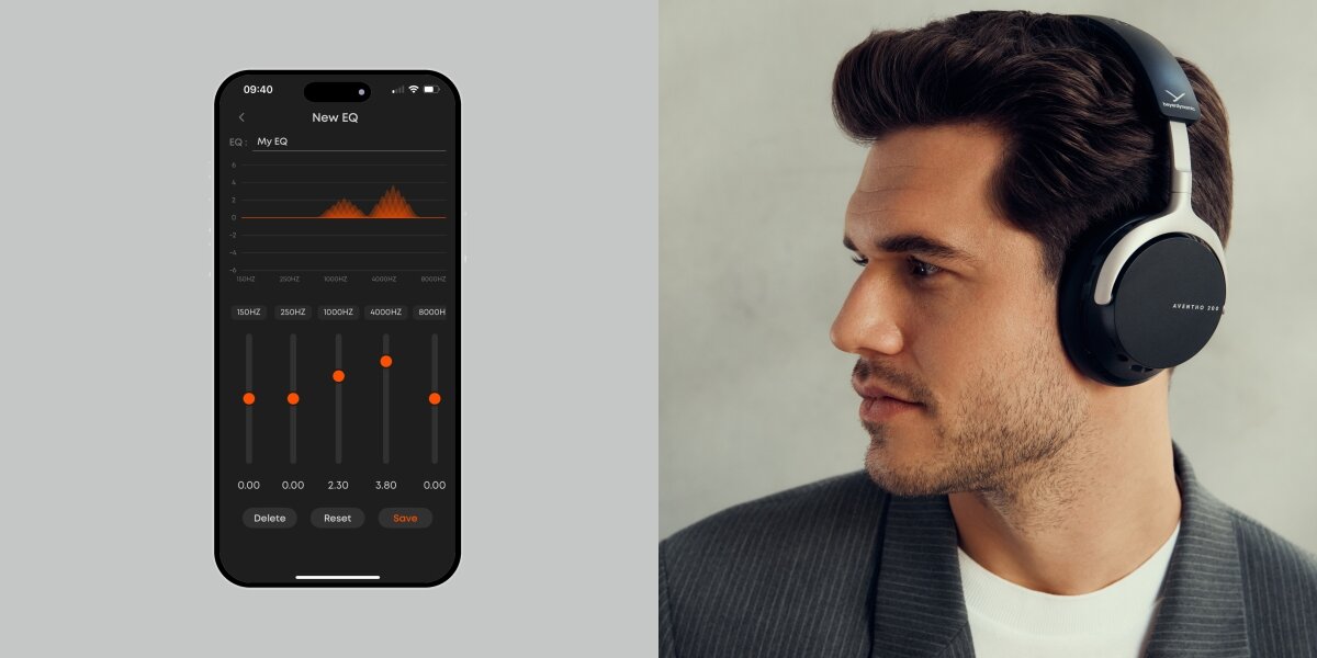 Słuchawki nauszne BEYERDYNAMIC Aventho 200 - Sterowanie i personalizacja, ANC, aplikacja, osoba z załozonymi słuchawkami nausznymi, smartfon na jasnym tle