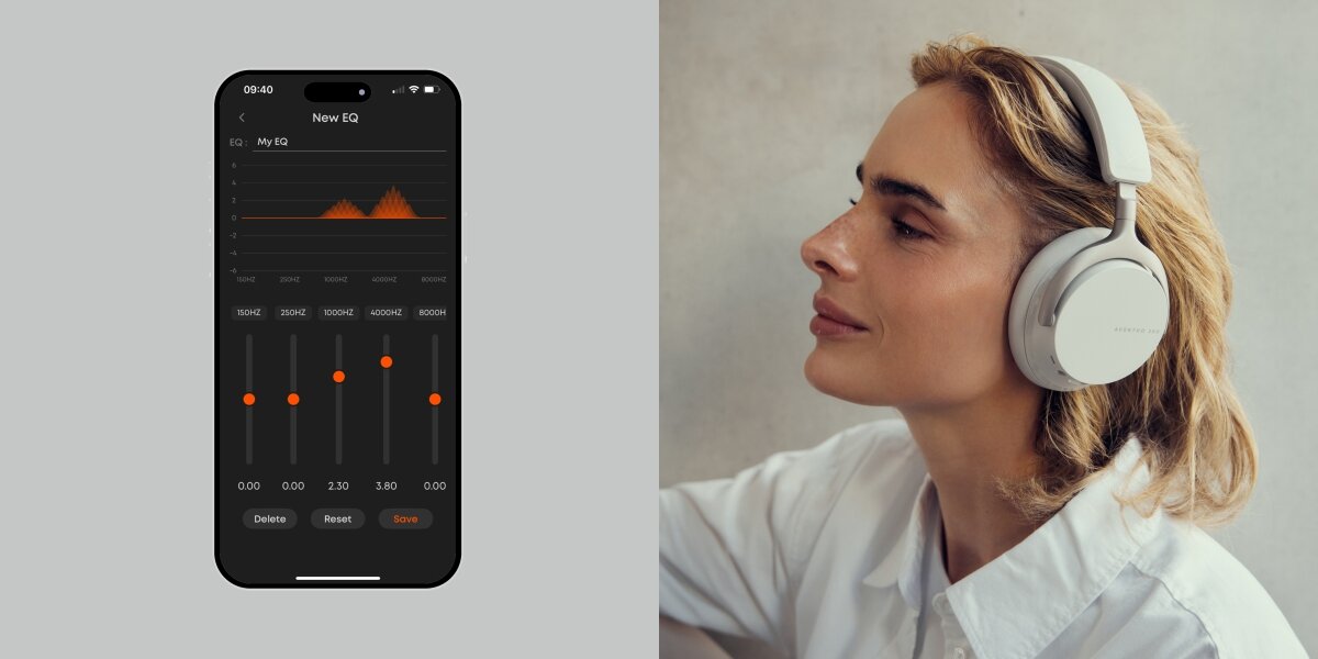 Słuchawki nauszne BEYERDYNAMIC Aventho 200 - Sterowanie i personalizacja, ANC, aplikacja, osoba z załozonymi słuchawkami nausznymi, smartfon na jasnym tle