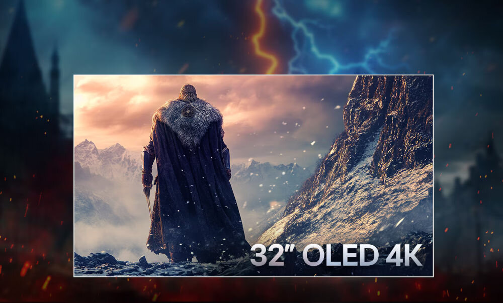 Monitor LG UltraGear 32GX850A-B 32 cale 3840x2160px 165Hz 0.03 ms [GTG]  postać na ekranie idąca po górach napis 32'' OLED 4K, przekątna, rozdzielczość, szczegółowość obrazu