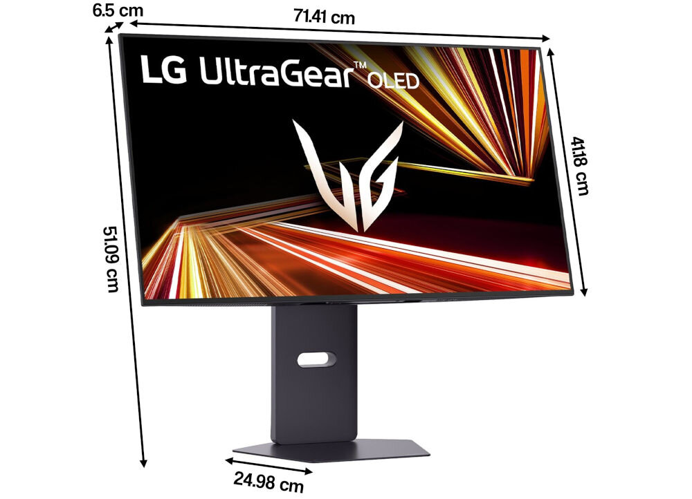 Monitor LG UltraGear 32GX850A-B 32 cale 3840x2160px 165Hz 0.03 ms [GTG] prezentacja monitora na białym tle od przodu pod kątem z wymiarami przekątna komfort oglądania wymiary dopasowanie do różnych układów