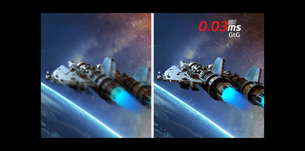 Monitor LG UltraGear 32GX850A-B 32 cale 3840x2160px 165Hz 0.03 ms [GTG]  pokazanie działania 0.03 ms GtG latające statki powietrzne, brak smużenia, ostrość w ruchu