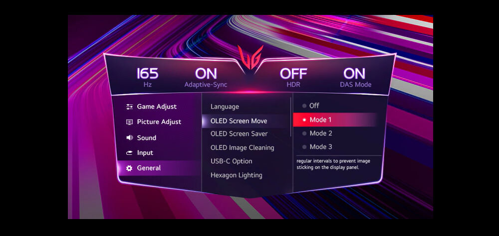 Monitor LG UltraGear 32GX850A-B 32 cale 3840x2160px 165Hz 0.03 ms [GTG] prezentacja menu OSD, ochrona OLED, zapobieganie powidokom, personalizacja ustawień