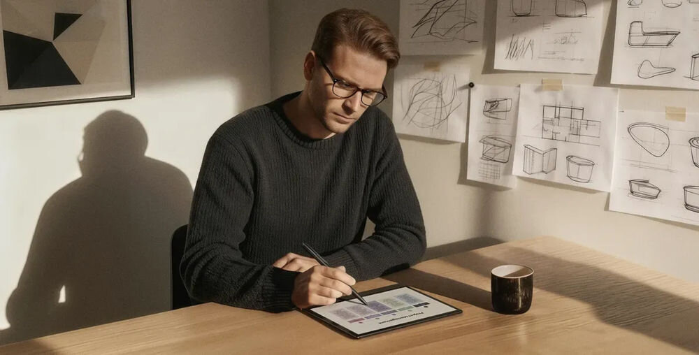 Czytnik e-booków ONYX BOOX Note Air 5 C 10.3 cala, Podświetlany ekran, Wi-Fi Szary prezentacja urządzenia podczas korzystania przez mężczyznę przy biurku na jasnej ścianie poprzyklejane kartki z rysunkami 