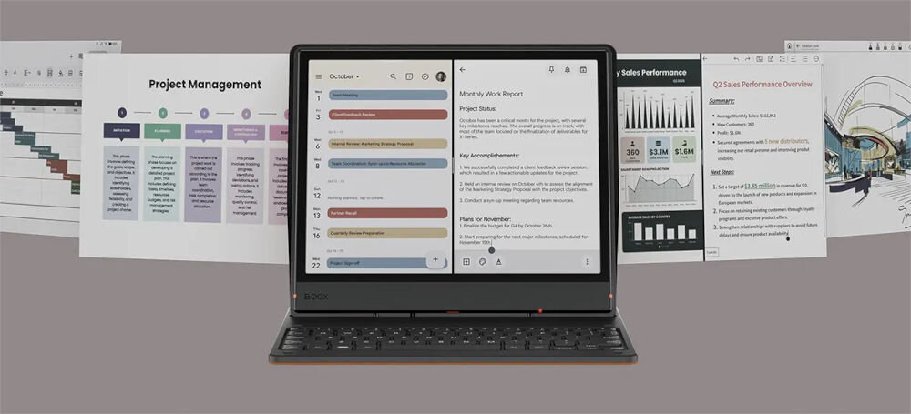 Czytnik e-booków ONYX BOOX Note Air 5 C 10.3 cala, Podświetlany ekran, Wi-Fi Szary 
			prezentacja czytnika z klawiaturą na brązowym tle po bokach otwarte karty lewitujące
			dla osób oczekujących sporej przestrzeni roboczej praca z dokumentami projekty graficzne materiały szkoleniowe swoboda tworzenia