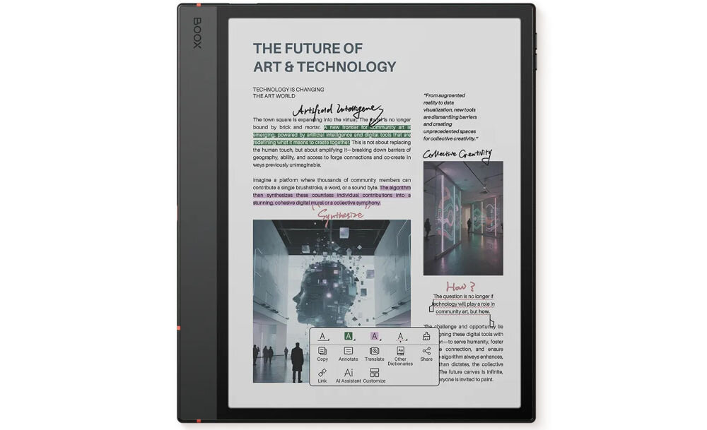 Czytnik e-booków ONYX BOOX Note Air 5 C 10.3 cala, Podświetlany ekran, Wi-Fi Szary prezentacja czytnika z włączonym plikiem na białym tle dwa wbudowane głośniki słuchanie audiobooków podcastów muzyki bez podłączania dodatkowych słuchawek komfort