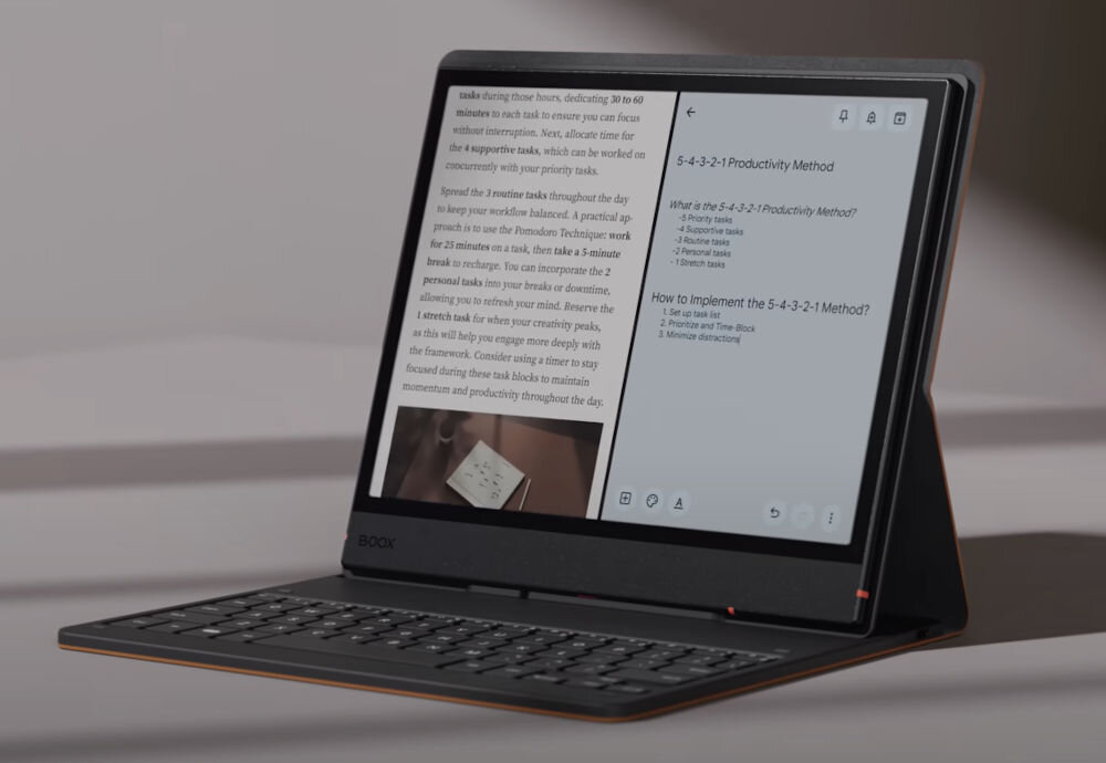Czytnik e-booków ONYX BOOX Note Air 5 C 10.3 cala, Podświetlany ekran, Wi-Fi Szary prezentacja urządzenia z podłączoną klawiaturą na jasnym tle z cieniem port USB-C wsparcie technologii OTG proste podłączenie zewnętrznych akcesoriów klawiatura myszka