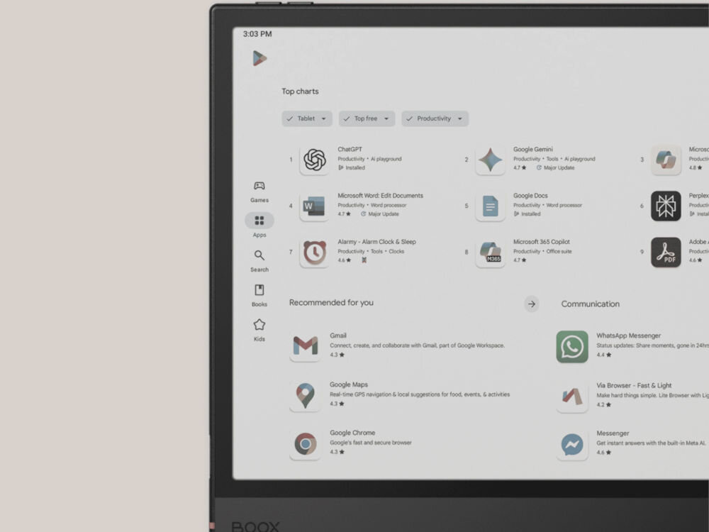 Czytnik e-booków ONYX BOOX Note Air 5 C 10.3 cala, Podświetlany ekran, Wi-Fi Szary prezentacja części urządzenia na jasnym beżowym tle z włączonym ekranem 
			procesor szybkie działanie aplikacji dokumentów pamięć Android 15 dostęp do szerokiej gamy narzędzi