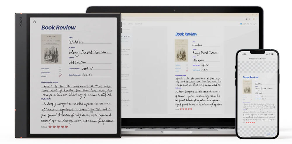 Czytnik e-booków ONYX BOOX Note Air 5 C 10.3 cala, Podświetlany ekran, Wi-Fi Szary prezentacja tego samego pliku na czytniku laptopie i telefonie na białym tle
			dopasowanie ekranu głównego do indywidualnych potrzeb BOOXDrop przesyłanie plików między komputerem smartfonem i innymi urządzeniami Onyx Cloud dostęp do notatek z dowolnego miejsca obsługa hiperłączy PDF