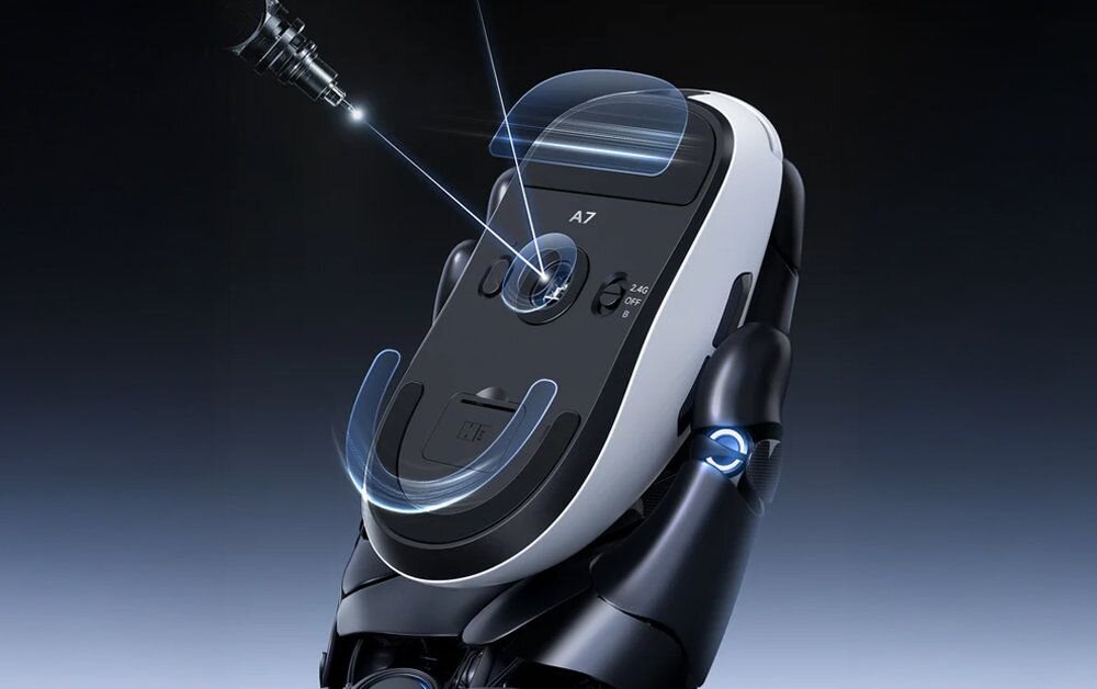 MCHOSE A7 Ultra zaawansowany sensor PAW3950 do 42 000 DPI, szybkości śledzenia 750 IPS i akceleracji 50G polling rate 1000 Hz odbiornik 8K 0,125 ms - myszka od spodu