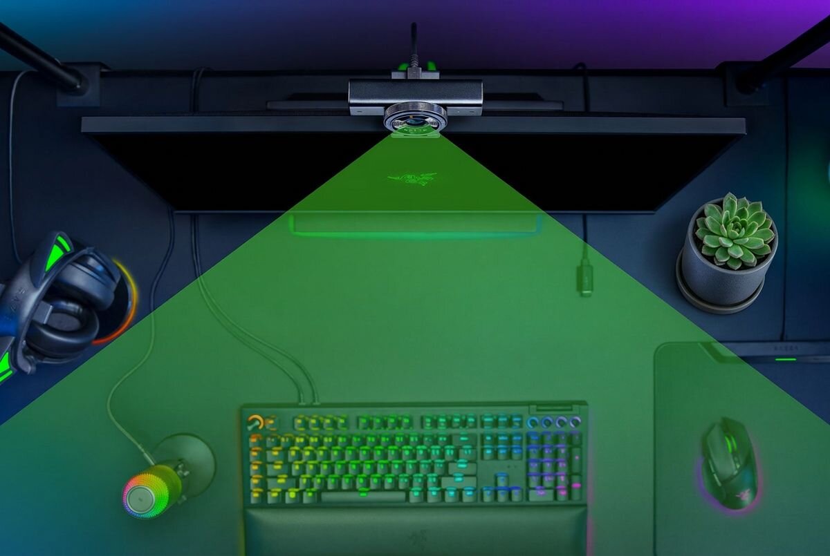 RAZER Kiyo V2 4K Szerokokątny obiektyw pokazać sprzęt lub otoczenie osobiste ujęcie - Widok z góry na stanowisko z zaznaczonym polem widzenia kamery
