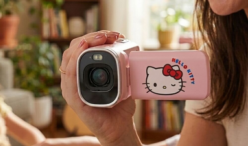 Osoba trzyma różową kamerę cyfrową z motywem Hello Kitty na ekranie. Na ekranie widoczny jest napis \'HELLO KITTY\'.