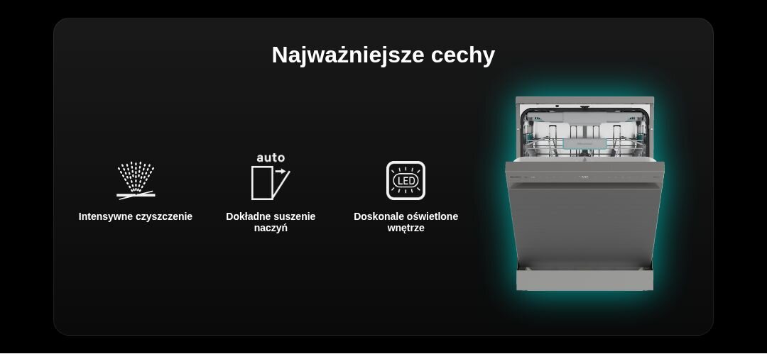 Grafika przedstawia trzy ikony z opisami: \'Intensywne czyszczenie\', \'Dokładne suszenie naczyń\', \'Doskonale oświetlone wnętrze\', oraz obraz zmywarki z otwartymi drzwiami. Nad ikonami widnieje napis \'Najważniejsze cechy\'.