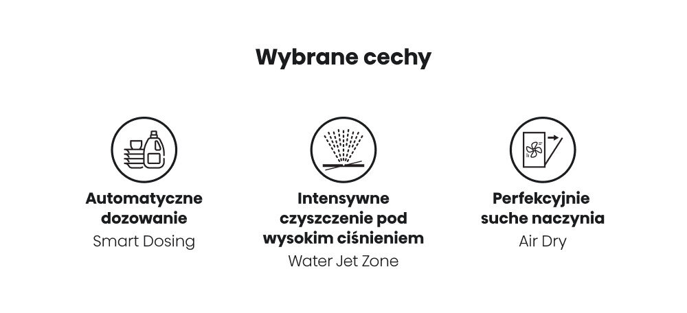 ZMYWARKA HISENSE HS693A90XAD Grafika na białym tle prezentuje trzy piktogramy funkcji: automatyczne dozowanie detergentu, intensywne mycie pod wysokim ciśnieniem oraz suszenie naczyń systemem Air Dry. Pod każdym symbolem znajduje się opis po polsku i angielsku oraz nagłówek „Wybrane cechy”