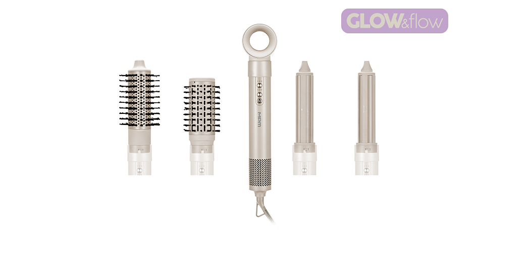 Suszarko-lokówka 5w1 MLW-27 i różne końcówki do stylizacji włosów.