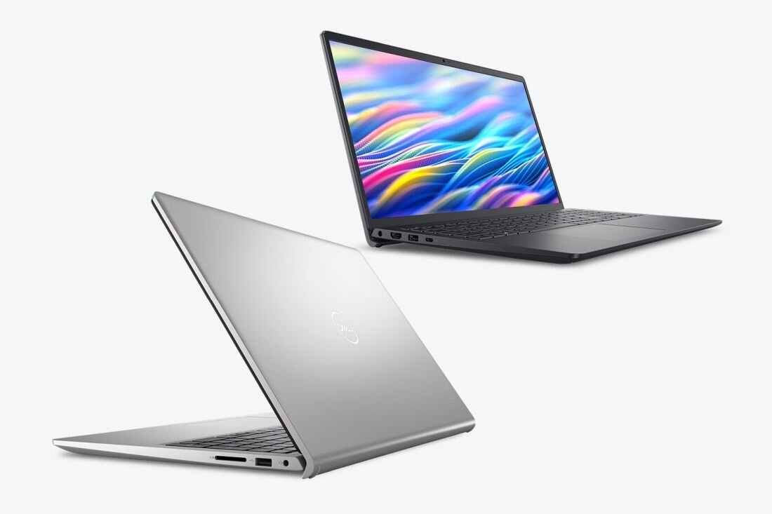 Dwa laptopy Dell 15 ustawione pod kątem prezentują smukłą obudowę oraz ekran z kolorową grafiką na jasnym tle - WPROWADZENIE  