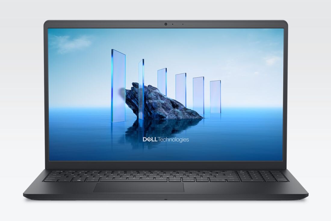 Laptop Dell 15 pokazany z przodu wyświetla ekran z krajobrazem i logo Dell Technologies na jasnym tle studyjnym - WYDAJNOŚĆ I PROCESOR 