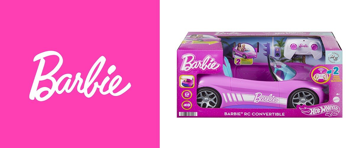 Po lewej stronie widoczne jest różowe tło z białym napisem \'Barbie\'. Po prawej stronie znajduje się opakowanie z różowym zdalnie sterowanym samochodem Barbie RC Convertible oraz kontrolerem, z logo \'Hot Wheels RC\'.