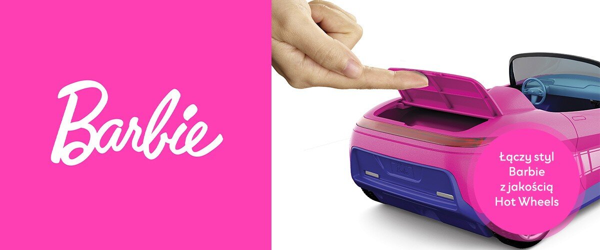 Po lewej stronie widoczne jest różowe tło z białym napisem \'Barbie\'. Po prawej stronie znajduje się różowy zdalnie sterowany samochód z otwartym bagażnikiem i napisem \'Łączy styl Barbie z jakością Hot Wheels\'.