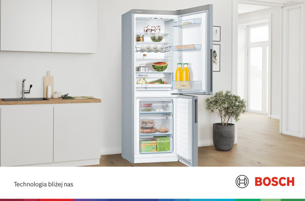 LODÓWKA BOSCH KGV33VLEA SREBRNA świeżość na długo mniej Marnowania żywności owoce warzywa szuflady VitaFresh Plus Stelaż na butelki Półki EasyAccess Shelf Szuflada MultiBox PerfectFit – Doskonałe dopasowanie i pełny dostęp Oświetlenie LED Superchłodzenie Supermrożenie