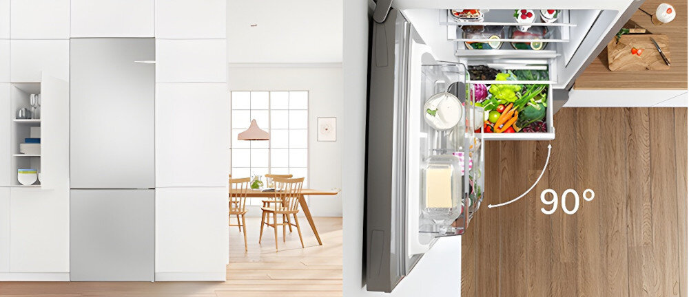 LODÓWKA BOSCH KGV33VLEA SREBRNA Konstrukcja PerfectFit budowa ustawienie przy ścianie bezproblemowe otwieranie drzwi szuflad dopasowana do kuchni wymiary 176 x 60 x 65 cm