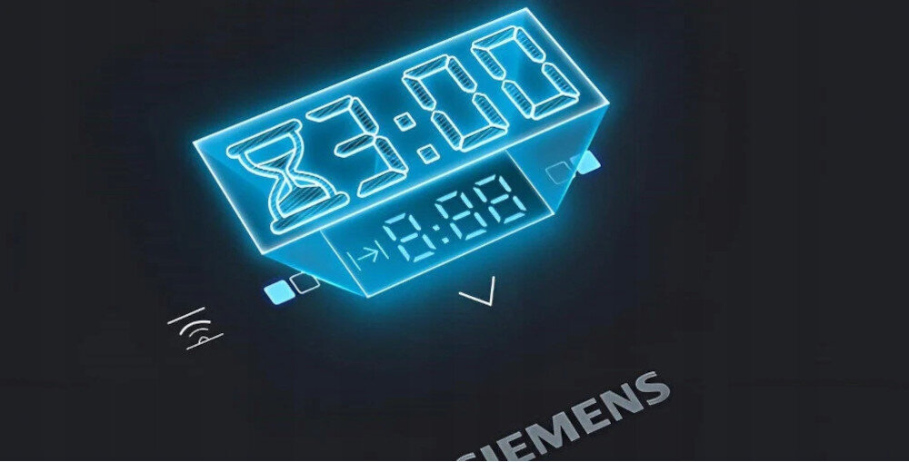 PŁYTA SIEMENS ED81AHWB1E 11.jpg przedstawia świecącą na niebiesko, trójwymiarową ikonę cyfrowego timera z dużym napisem „3:00” oraz symbolem klepsydry po lewej stronie. Mniejszy wyświetlacz pod spodem sugeruje możliwość ustawiania dokładnego czasu odliczania, a całość utrzymana jest w stylistyce grafiki używanej przez markę Siemens timer automatyczne wyłączenie strefy bezpieczeństwo gotowania precyzyjny czas płyta indukcyjna Siemens