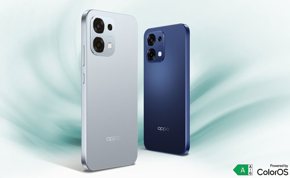 A6 Pro 5G w kolorach srebrnym i granatowym, logo systemu ColorOS i oznaczenie klasy energetycznej A