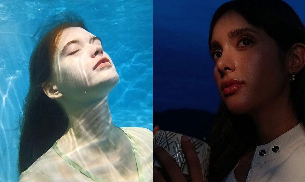 Kobieta pod wodą z zamkniętymi oczami oraz kobieta w nocy oświetlona miękkim światłem