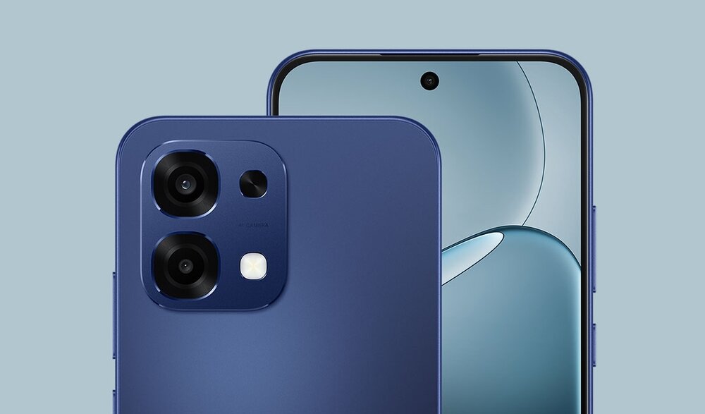 Zbliżenie na przód i tył smartfona OPPO A6 Pro 5G z oznaczeniem przedniego aparatu, głównego i pomocniczego obiektywu