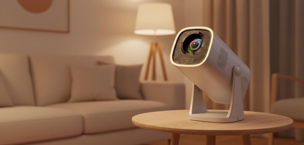PHILIPS NeoPix 244 projektor Full HD kino domowe wyraźny obraz i wszechstronne zastosowanie, projektor stojący na stoliku w pomieszczeniu