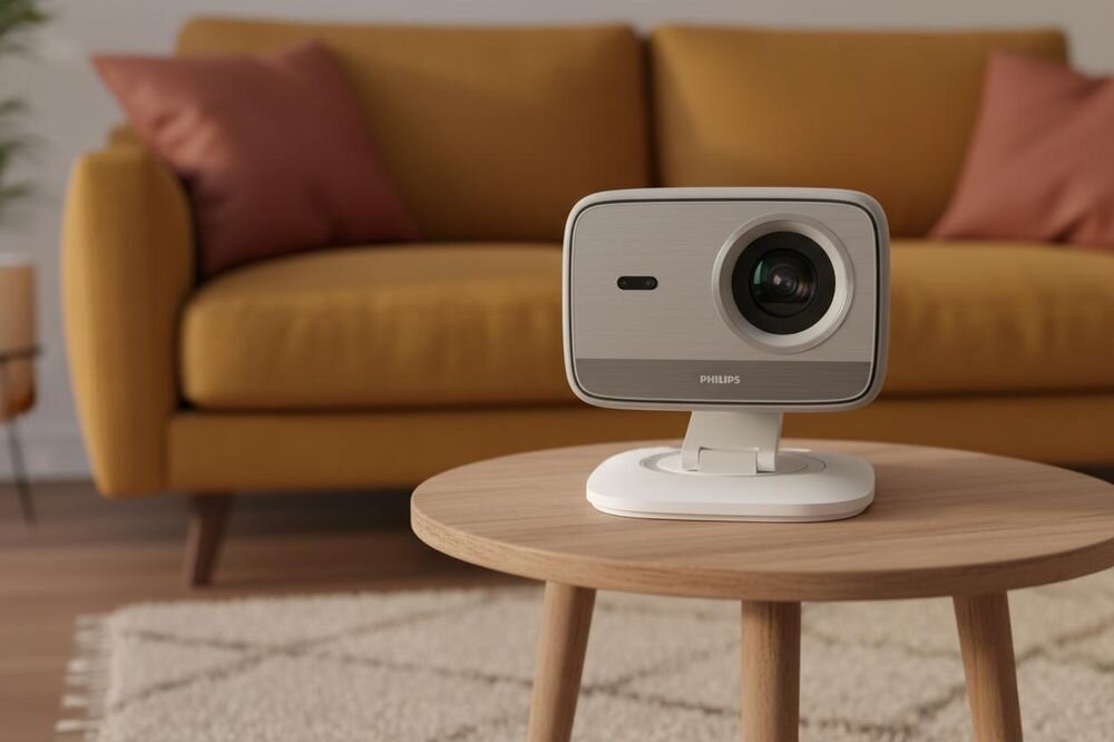 PHILIPS NeoPix 444 projektor Full HD kino domowe duży ekran i wyraźny obraz, projektor stojący na stoliku w pomieszczeniu