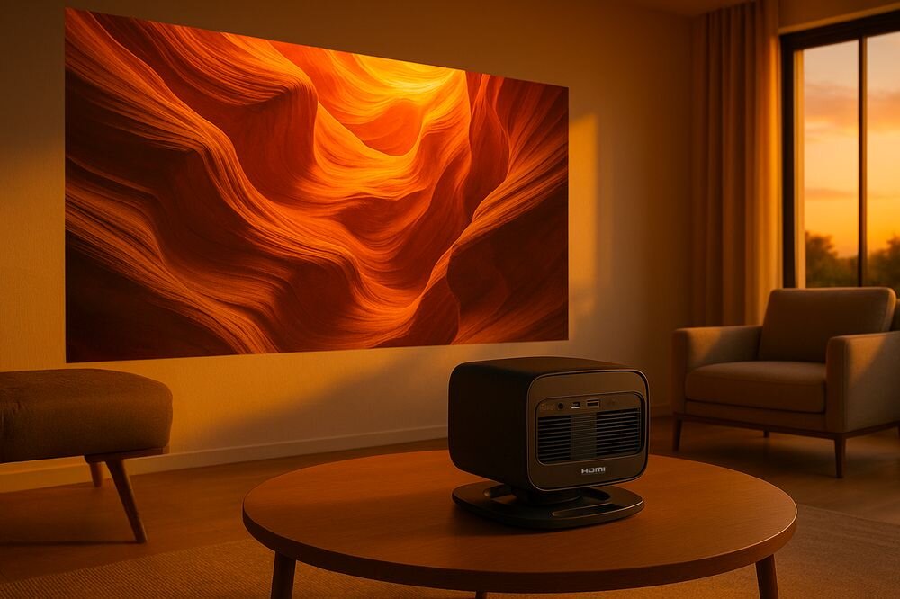 PHILIPS NeoPix 450 projektor Full HD kino domowe duży ekran LED, projektor stojący na stoliku w pomieszczeniu