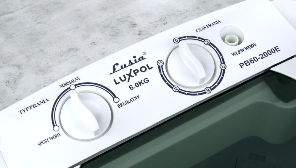 PRALKA WIRNIKOWA LUSIA PB60-2000E panel pokrętła logo programy bezproblemowa obsługa dwa tryby prania normalny wysokie obroty Delikatny mniejsze obroty spust usuwanie wody z bębna regulacja czasu prania od 0 do 15 minut