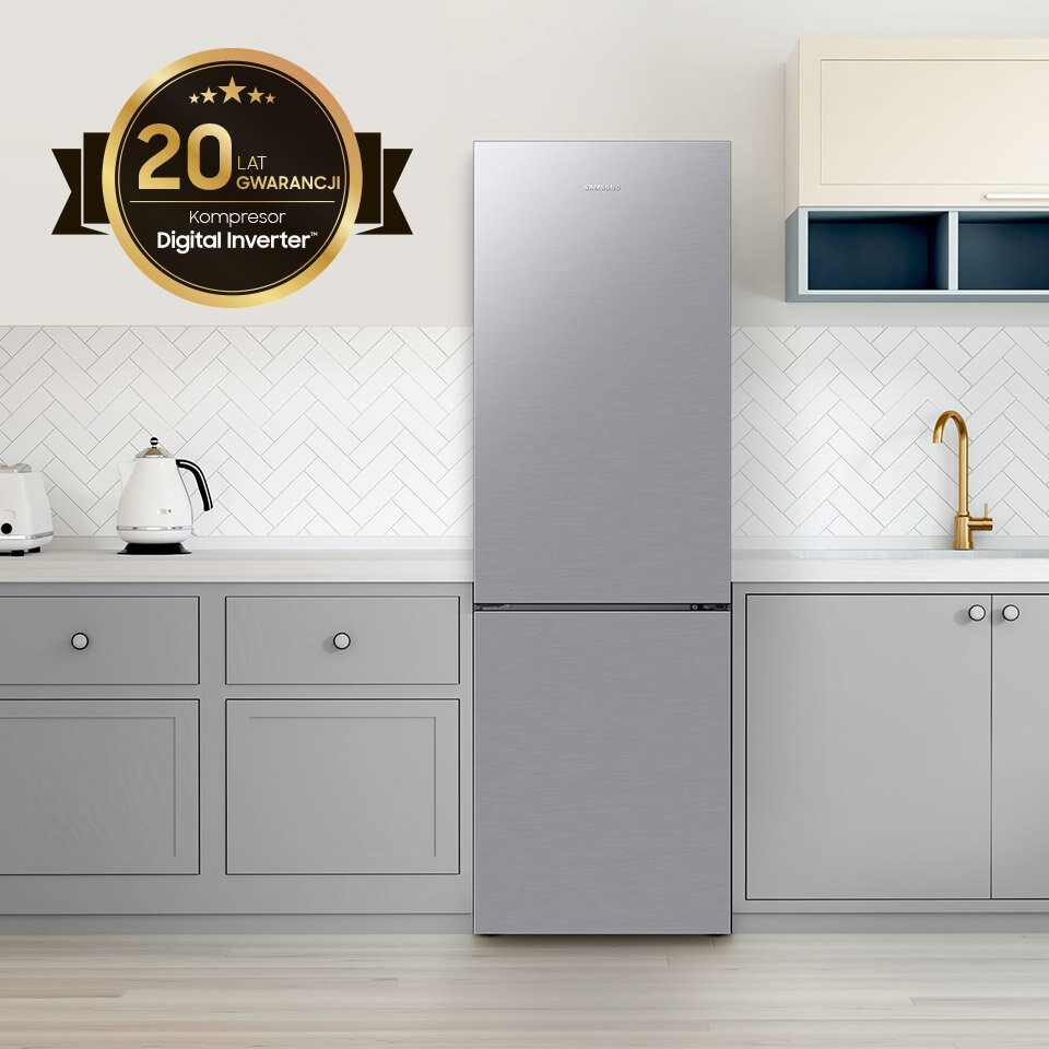 Kompresor Digital Inverter zapewniający chłodzenie w pokazanej na zdjęciu lodówce Samsung RB33B612ESA jest objęty gwarancją producenta na 20 lat Kompresor Digital Inverter zapewniający chłodzenie w pokazanej na zdjęciu lodówce Samsung RB33B612ESA jest objęty gwarancją producenta na 20 lat