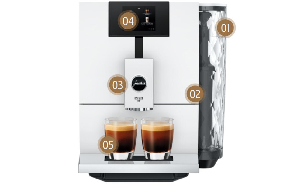Ekspres JURA E8 Full Nordic White (EC) duza jednostka zaparzajaca Proces Ekstrakcji Pulsacyjnej (P.E.P.®) Czytelny wyświetlacz 15 specjałów kawowych zakres kawa obsługa Proces Ekstrakcji Pulsacyjnej Technologia Gładkiej Pianki Funkcja Two Cup