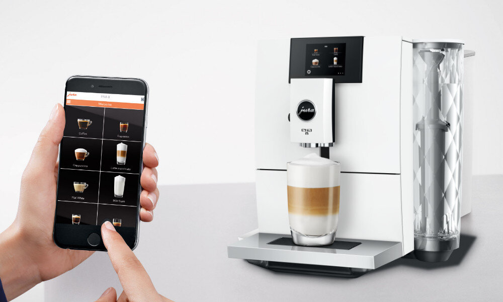 Ekspres JURA 8 Full Nordic White (EC) Operating Experience (J.O.E.®) smartfon obsługa informacja dostep kawy komunikaty