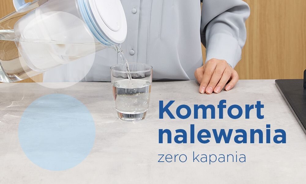 Osoba nalewa wodę z dzbanka filtrującego do szklanki. Na obrazie widoczny jest tekst: \'Komfort nalewania zero kapania\'.