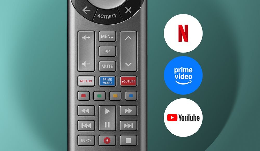 ONE FOR ALL URC7956 Smart Control Pro 5 trzy przyciski VOD Netflix YouTube Amazon Prime, Dedykowane przyciski skrótów do aplikacji VOD w pilocie One For All