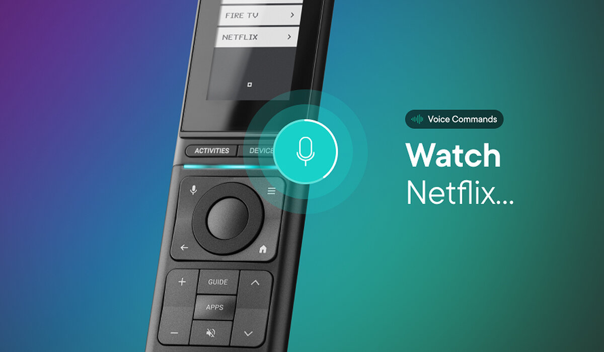 Na obrazie widoczny jest pilot z ekranem, na którym wyświetlają się opcje \'FIRE TV\' i \'NETFLIX\'. Obok pilota znajduje się napis \'Voice Commands Watch Netflix...\'.