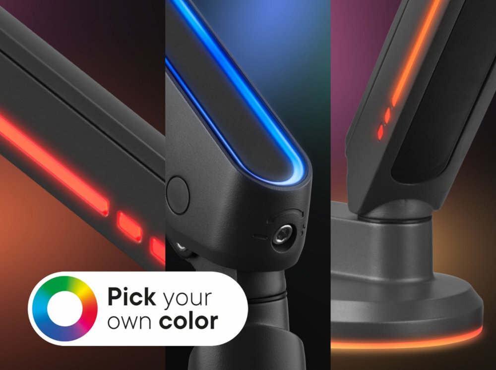 ONE FOR ALL DM8210 trójstrefowe wielokolorowe oświetlenie RGB podstawie i ramieniu różnych kolorów i efektów świetlnych jednego przycisku - zbliżenie na podświetlenie uchwytu