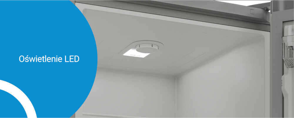 LODÓWKA INDESIT INKS1341W4E wizualizacja lifestyle wnętrze górne światło pokrętło sterowania Oświetlenie LED energooszczędne równomierne niskie zużycie energii