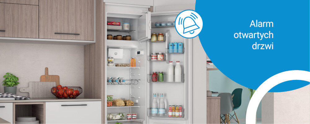 LODÓWKA INDESIT INKS1341W4E wizualizacja lifestyle otwarta wnętrze Alarm otwartych drzwi przypomnienie o zamknięciu dłuższa świeżość