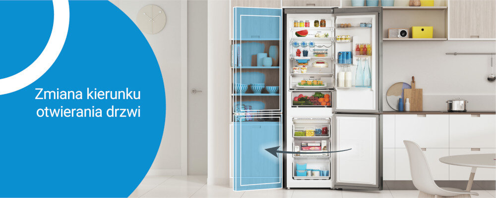 LODÓWKA INDESIT INKS1341W4E wizualizacja lifestyle otwarta strzałka wnętrze obustronny montaż drzwi lewo prawo zmiana kierunku otwierania