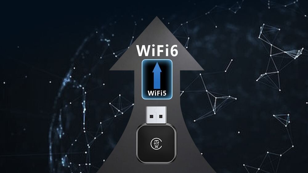 Adapter MOJIETU Roidmi 2w1 Wi-Fi 6 stabilne szybkie połączenie low latency dźwięk czysty, adapter na ciemnym tle wi-fi 6