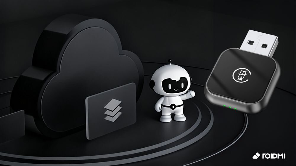 Adapter MOJIETU Roidmi 2w1 aktualizacje OTA oprogramowanie bezprzewodowe nowe funkcje, wizualizacja robota, chmury, adapter po skosie na czarnym tle
